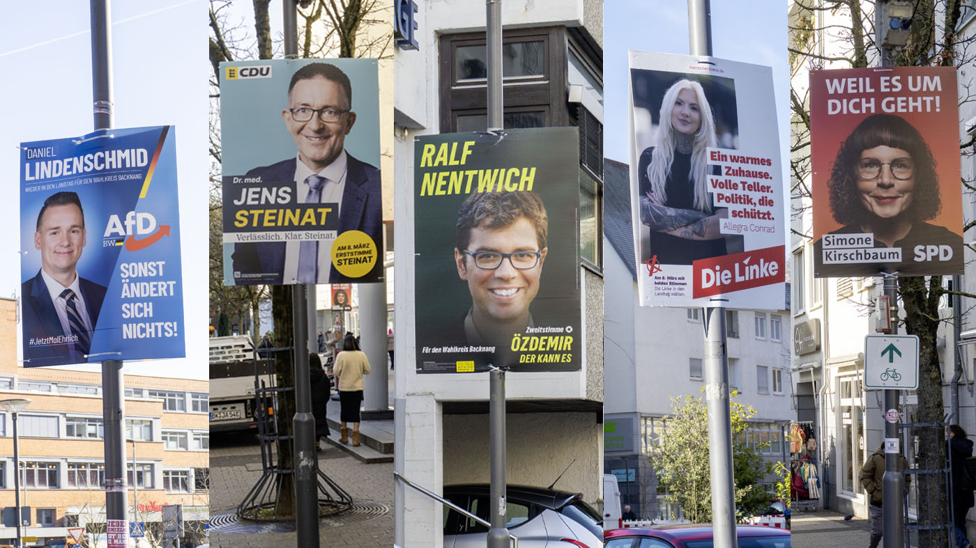 Innenstadt Backnang mit Wahl-Plakaten zur Landtagwahl in Baden-Württemberg SPD CDU AFD Grüne Linke
