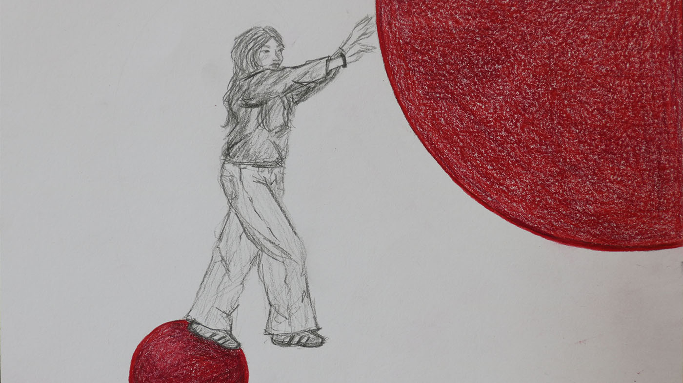 Choreografie von Figur und Objekt von Elena Knapp, Zeichnung zwei aus einer Serie von fünf, 15 x 21cm 